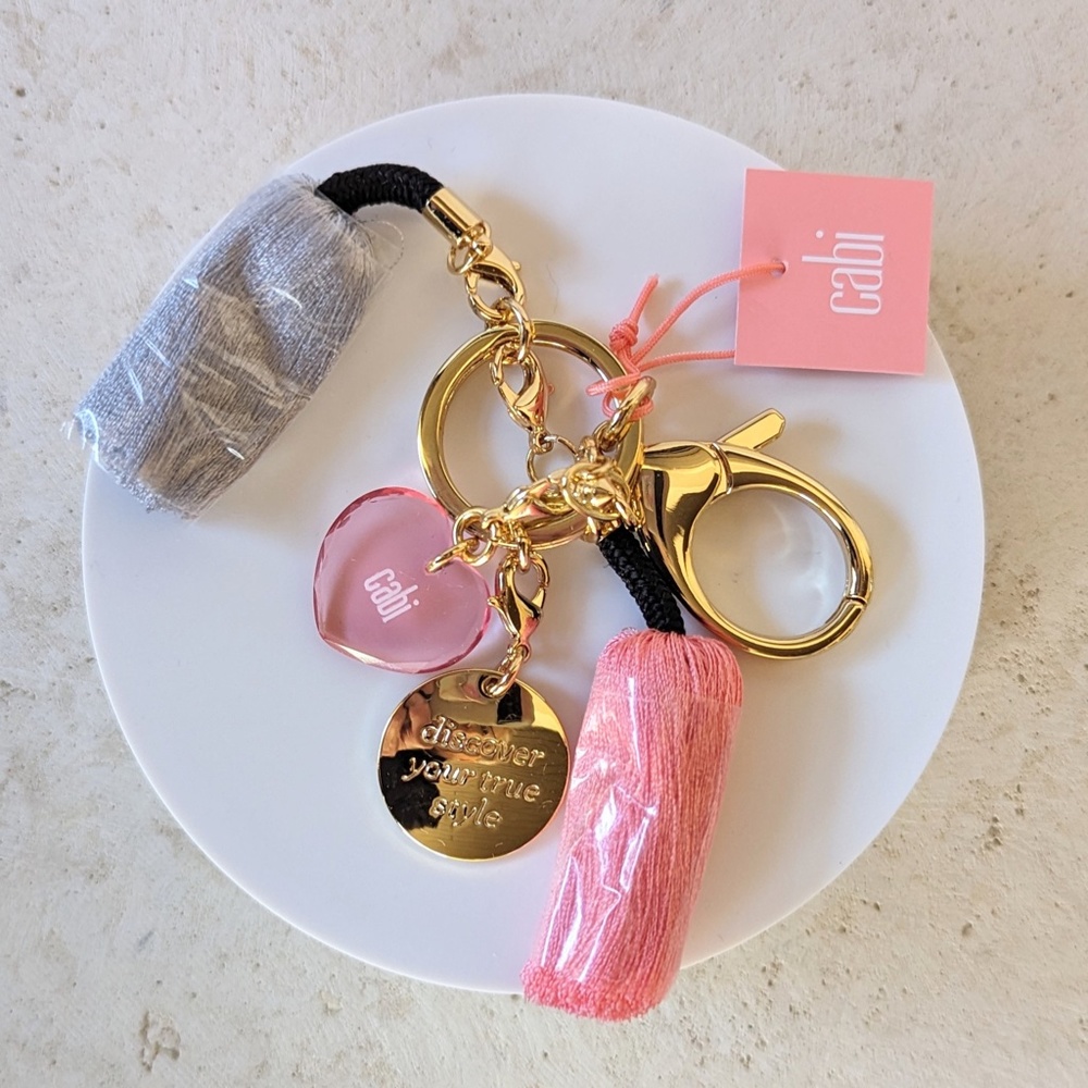 Cabi Key Fob, Key Charm Ring, Purse Charm Tassel, Pink Grey Black Gold